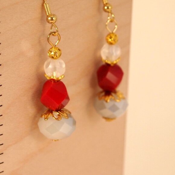 Faceted Glass Earrings Red and Grey Dangle Pierced or Clip-on Earrings - Picture 4 of 8